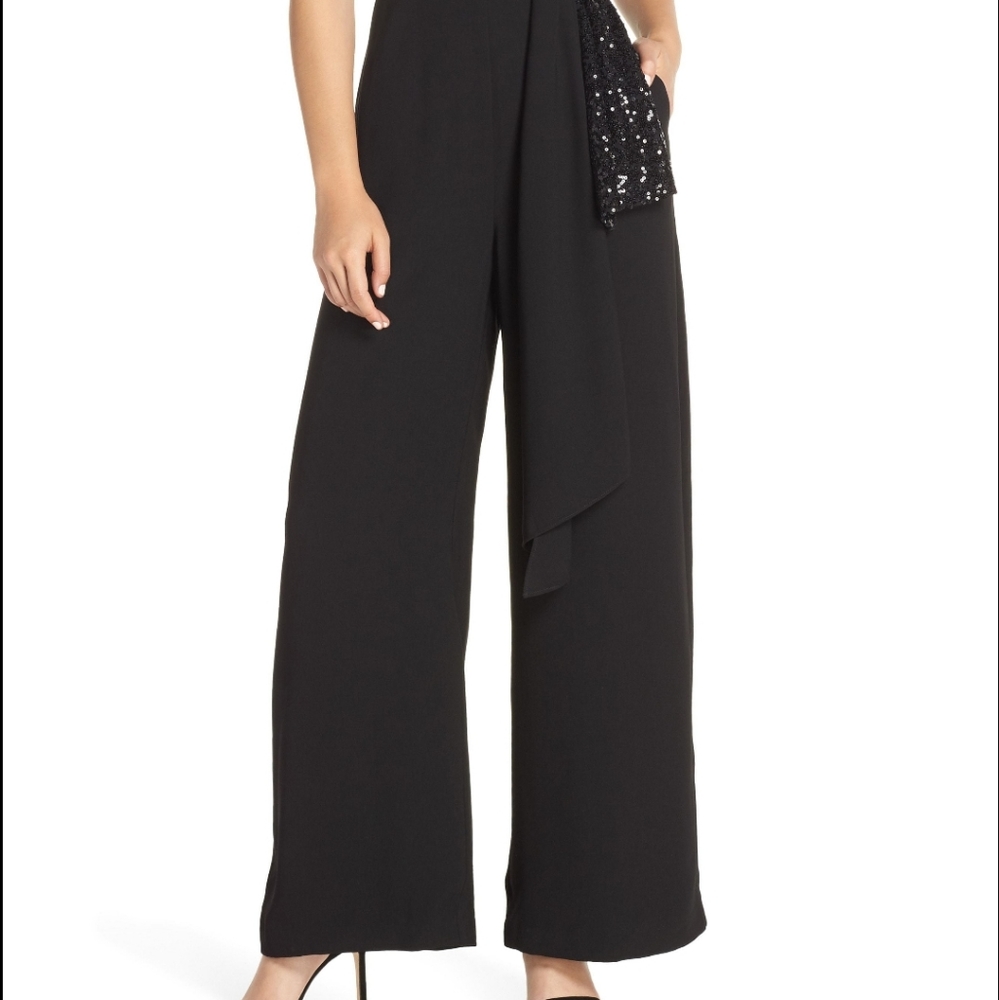 Eliza J Black Sequine wrap detail ankle wide leg jumpsuit vneck Sleeveless 24 W - Picture 2 of 13